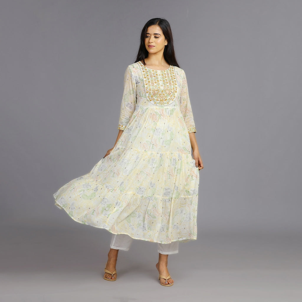 White, Brown & Green Mul Cotton Suit Set – 3pc - Aavarana by Karnika