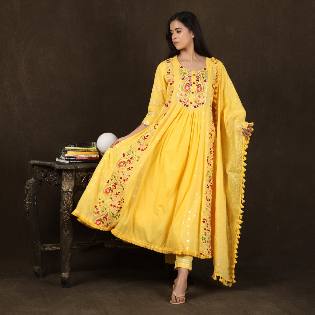 Agni Sunshine Yellow Cotton Anarkali Gotapatti Heavy Work Suit Set – 3pc - Aavarana by Karnika