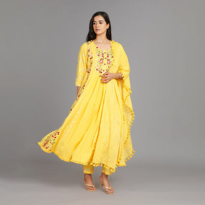 Agni Sunshine Yellow Cotton Anarkali Gotapatti Heavy Work Suit Set – 3pc - Aavarana by Karnika