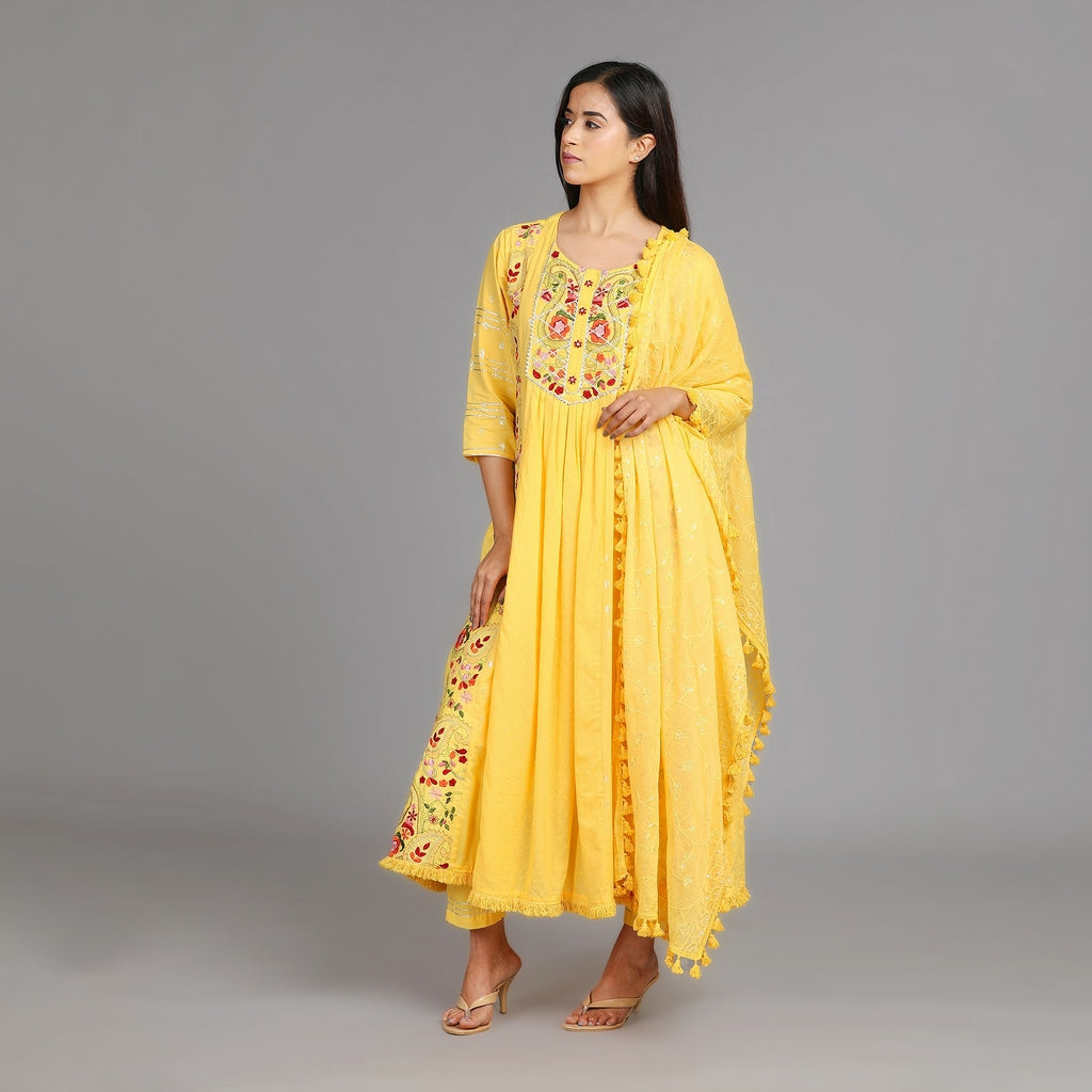 Agni Sunshine Yellow Cotton Anarkali Gotapatti Heavy Work Suit Set – 3pc - Aavarana by Karnika