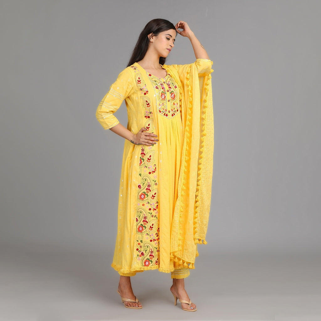 Agni Sunshine Yellow Cotton Anarkali Gotapatti Heavy Work Suit Set – 3pc - Aavarana by Karnika