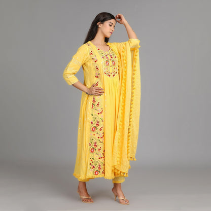 Agni Sunshine Yellow Cotton Anarkali Gotapatti Heavy Work Suit Set – 3pc - Aavarana by Karnika