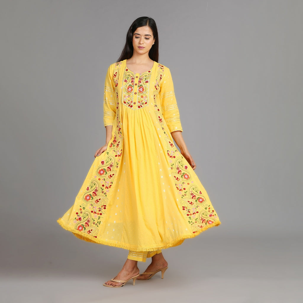 Agni Sunshine Yellow Cotton Anarkali Gotapatti Heavy Work Suit Set – 3pc - Aavarana by Karnika