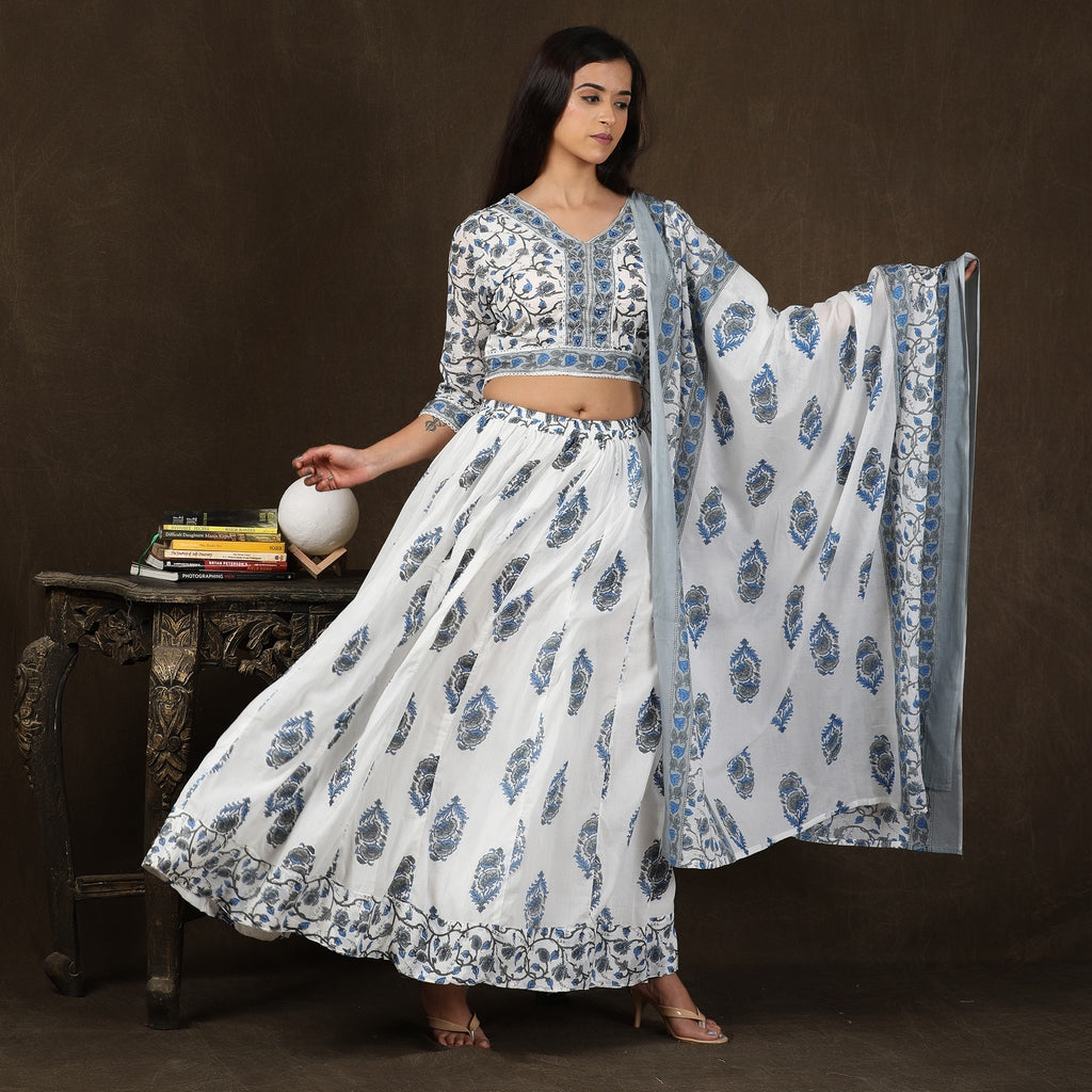 White, Blue and Grey Mul Cotton Crop Top & Skirt Set with Dupatta – 3pc - Aavarana by Karnika