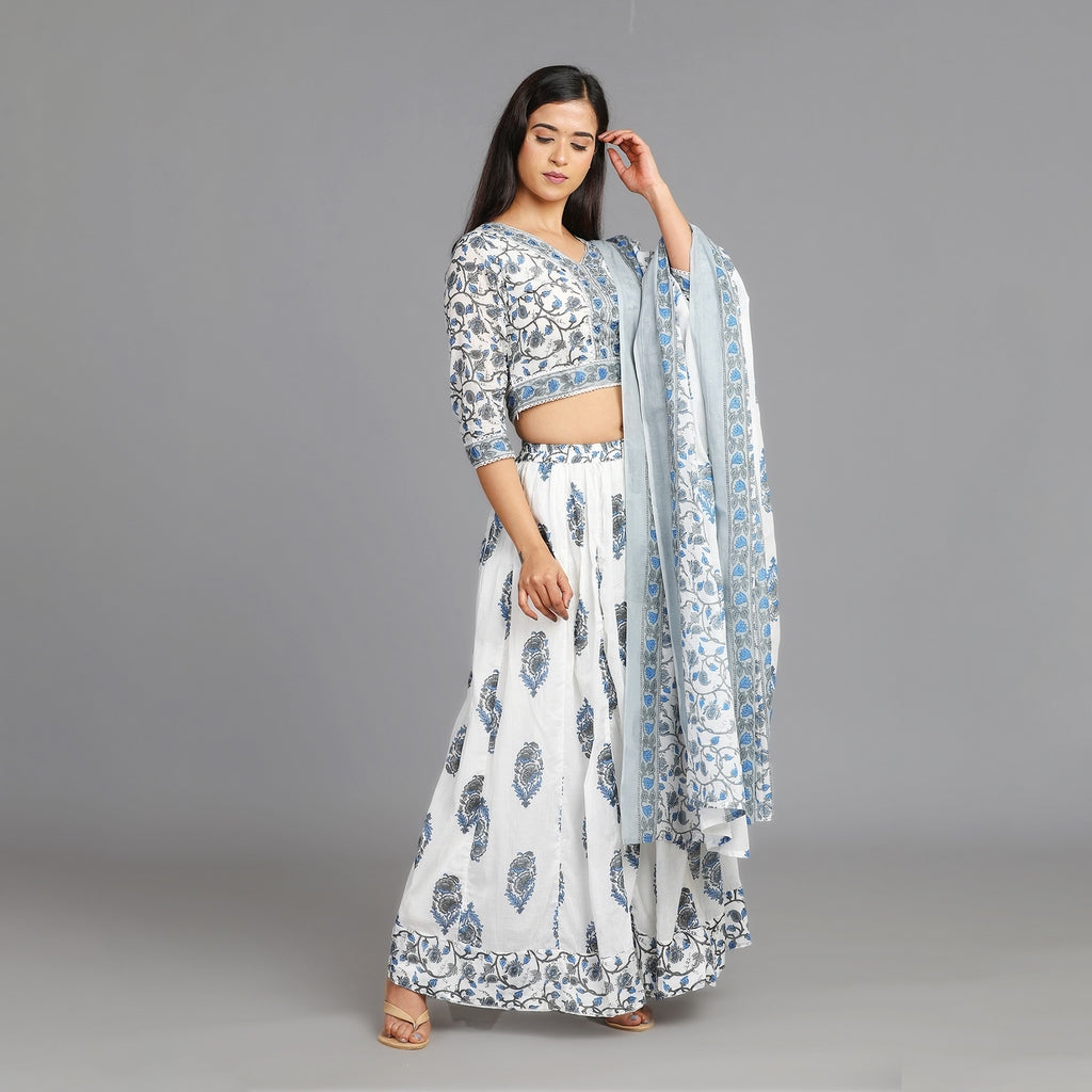 White, Blue and Grey Mul Cotton Crop Top & Skirt Set with Dupatta – 3pc - Aavarana by Karnika