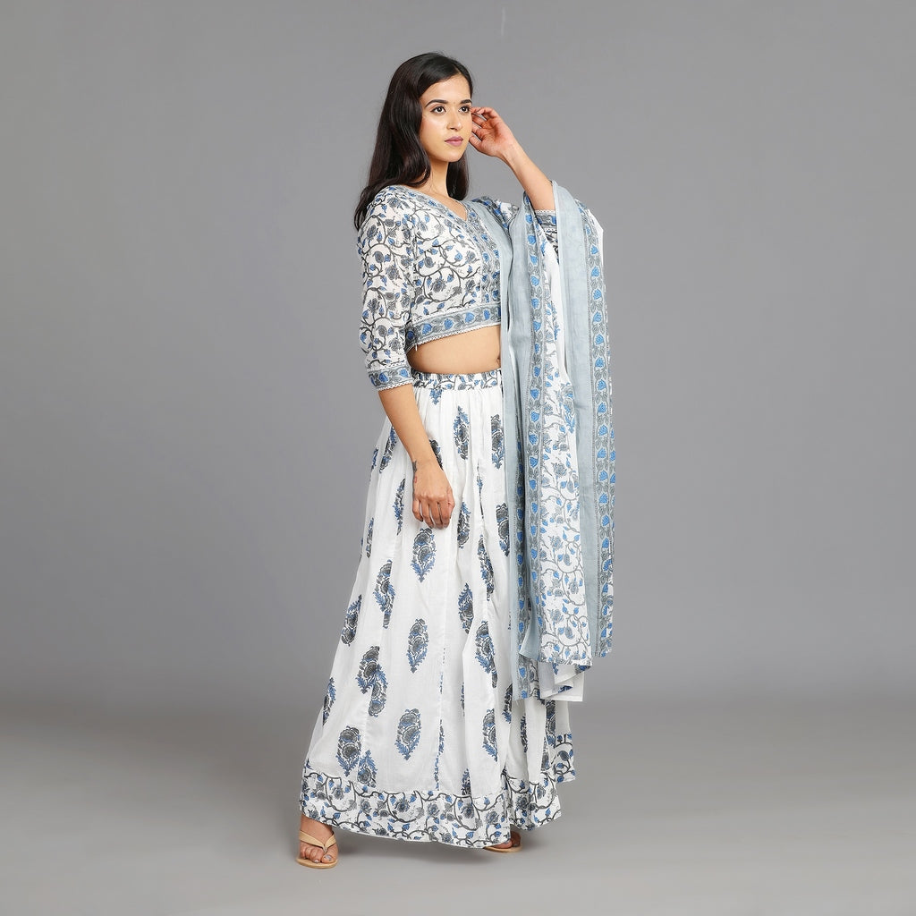 White, Blue and Grey Mul Cotton Crop Top & Skirt Set with Dupatta – 3pc - Aavarana by Karnika