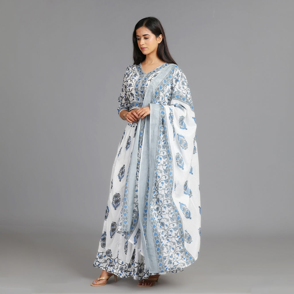 White, Blue and Grey Mul Cotton Crop Top & Skirt Set with Dupatta – 3pc - Aavarana by Karnika