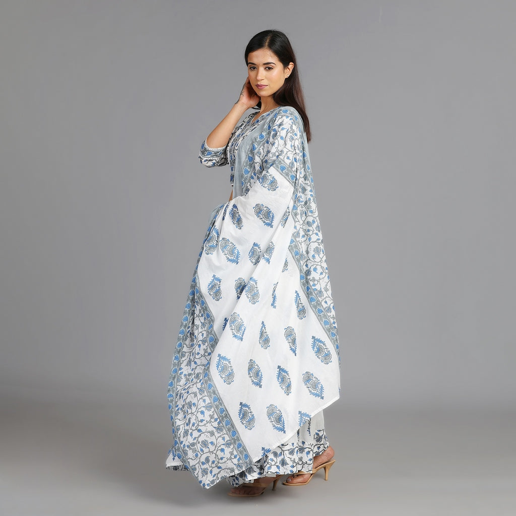 White, Blue and Grey Mul Cotton Crop Top & Skirt Set with Dupatta – 3pc - Aavarana by Karnika