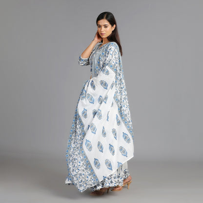 White, Blue and Grey Mul Cotton Crop Top & Skirt Set with Dupatta – 3pc - Aavarana by Karnika