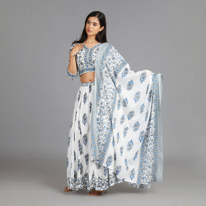 White, Blue and Grey Mul Cotton Crop Top & Skirt Set with Dupatta – 3pc - Aavarana by Karnika