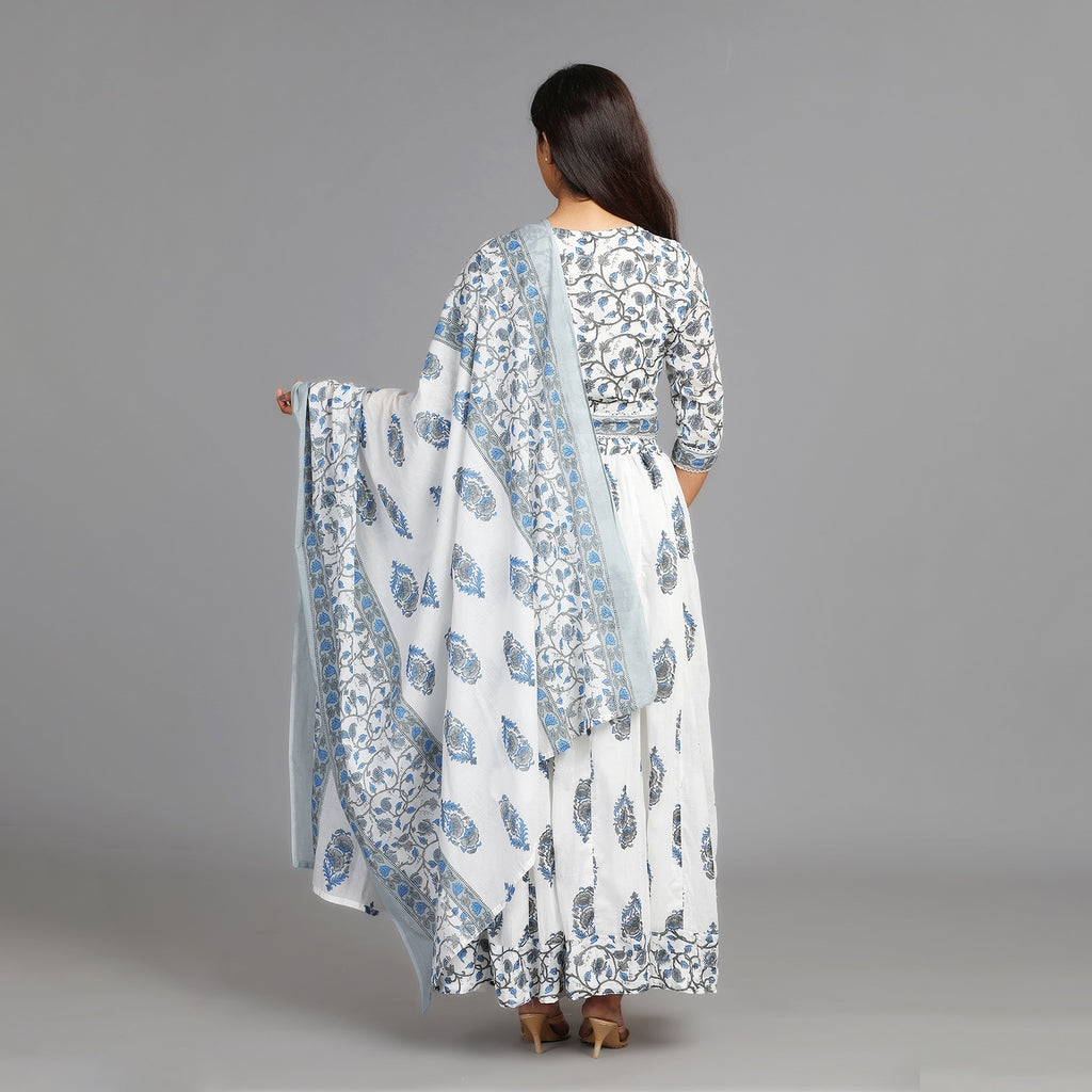 White, Blue and Grey Mul Cotton Crop Top & Skirt Set with Dupatta – 3pc - Aavarana by Karnika