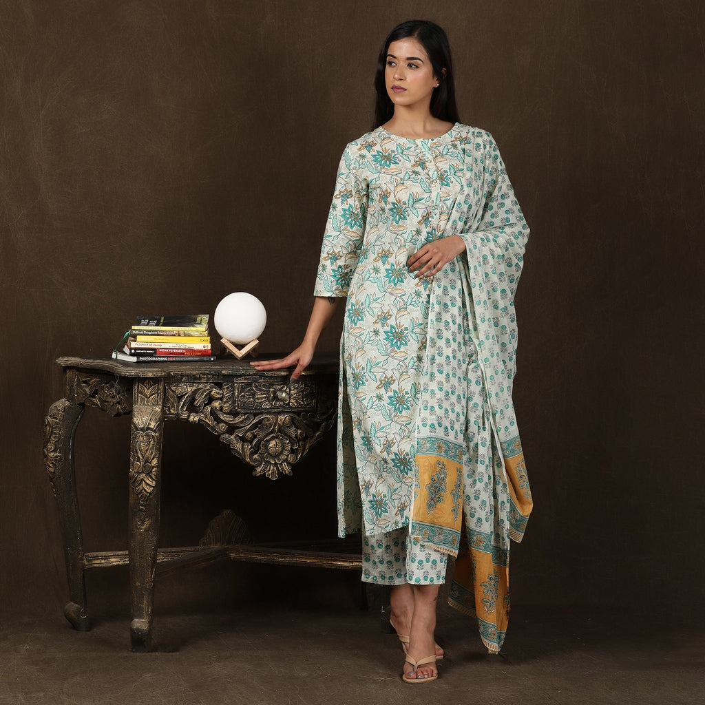 Off-White, Green & Mustard Yellow Cotton Suit Set – 3pc - Aavarana by Karnika