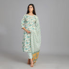 Off-White, Green & Mustard Yellow Cotton Suit Set – 3pc - Aavarana by Karnika