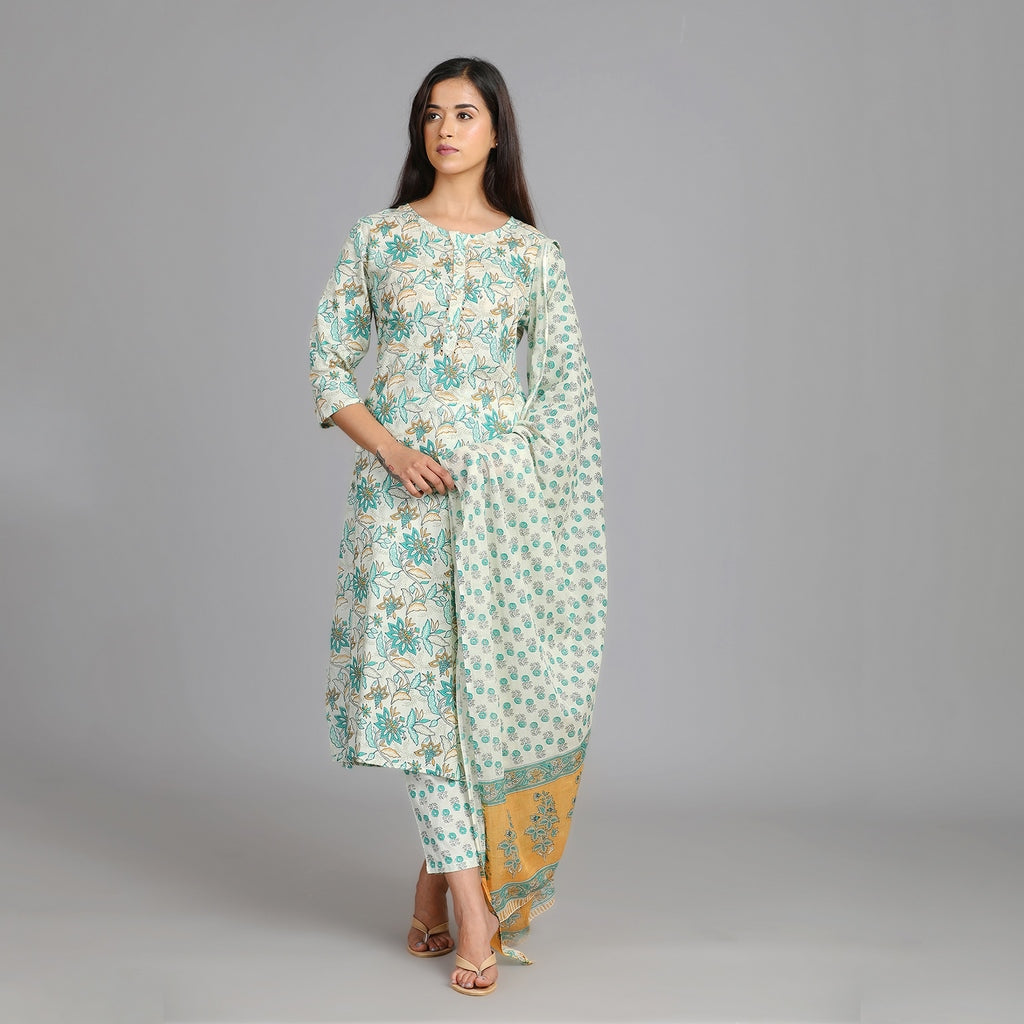 Off-White, Green & Mustard Yellow Cotton Suit Set – 3pc - Aavarana by Karnika