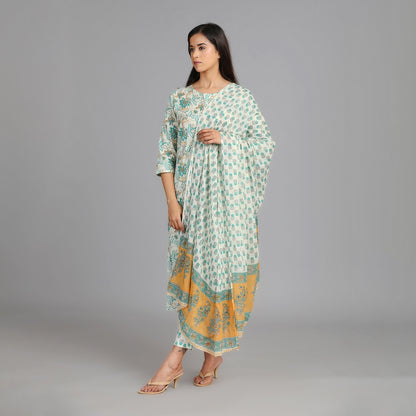 Off-White, Green & Mustard Yellow Cotton Suit Set – 3pc - Aavarana by Karnika