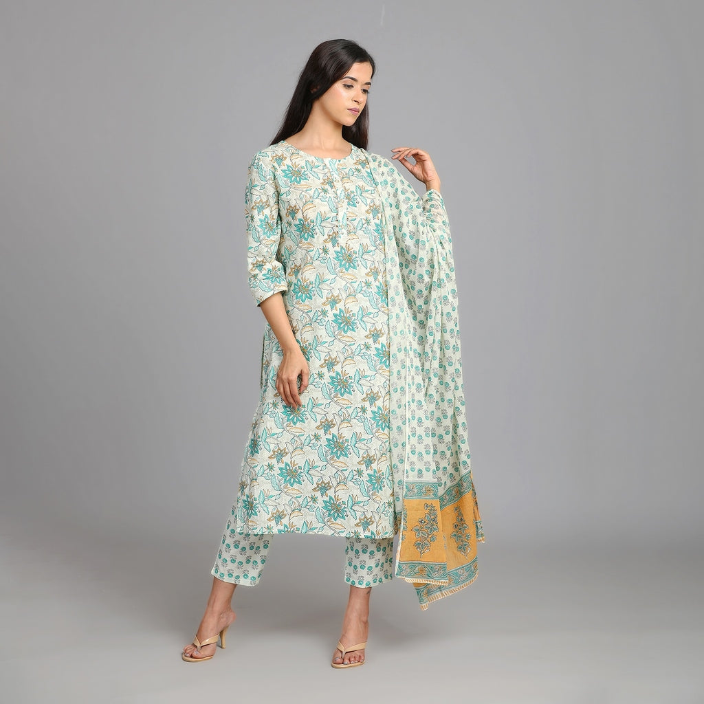 Off-White, Green & Mustard Yellow Cotton Suit Set – 3pc - Aavarana by Karnika