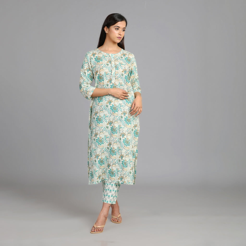 Off-White, Green & Mustard Yellow Cotton Suit Set – 3pc - Aavarana by Karnika