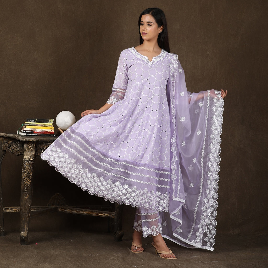 Dhaanya Lavender Premium Cotton Heavy All Over Embroidery Suit Set – 3pc - Aavarana by Karnika