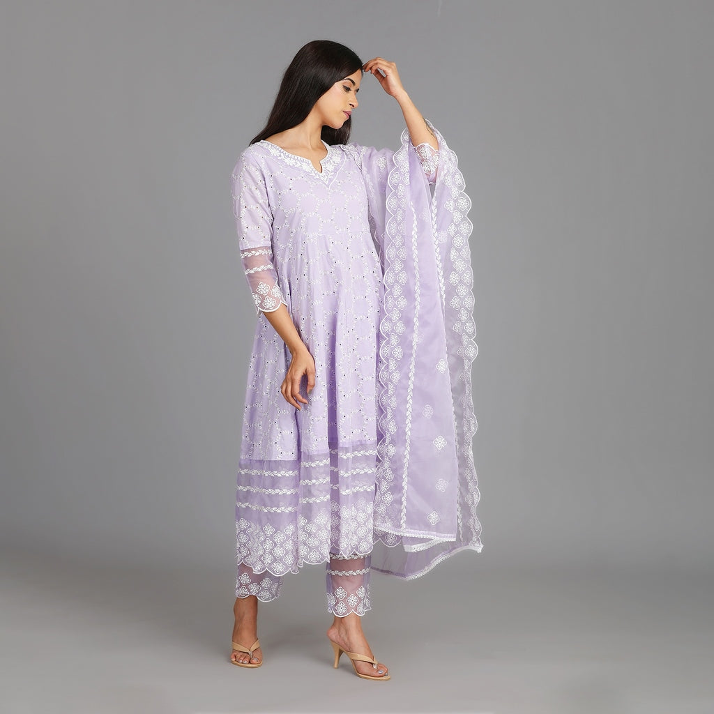 Dhaanya Lavender Premium Cotton Heavy All Over Embroidery Suit Set – 3pc - Aavarana by Karnika