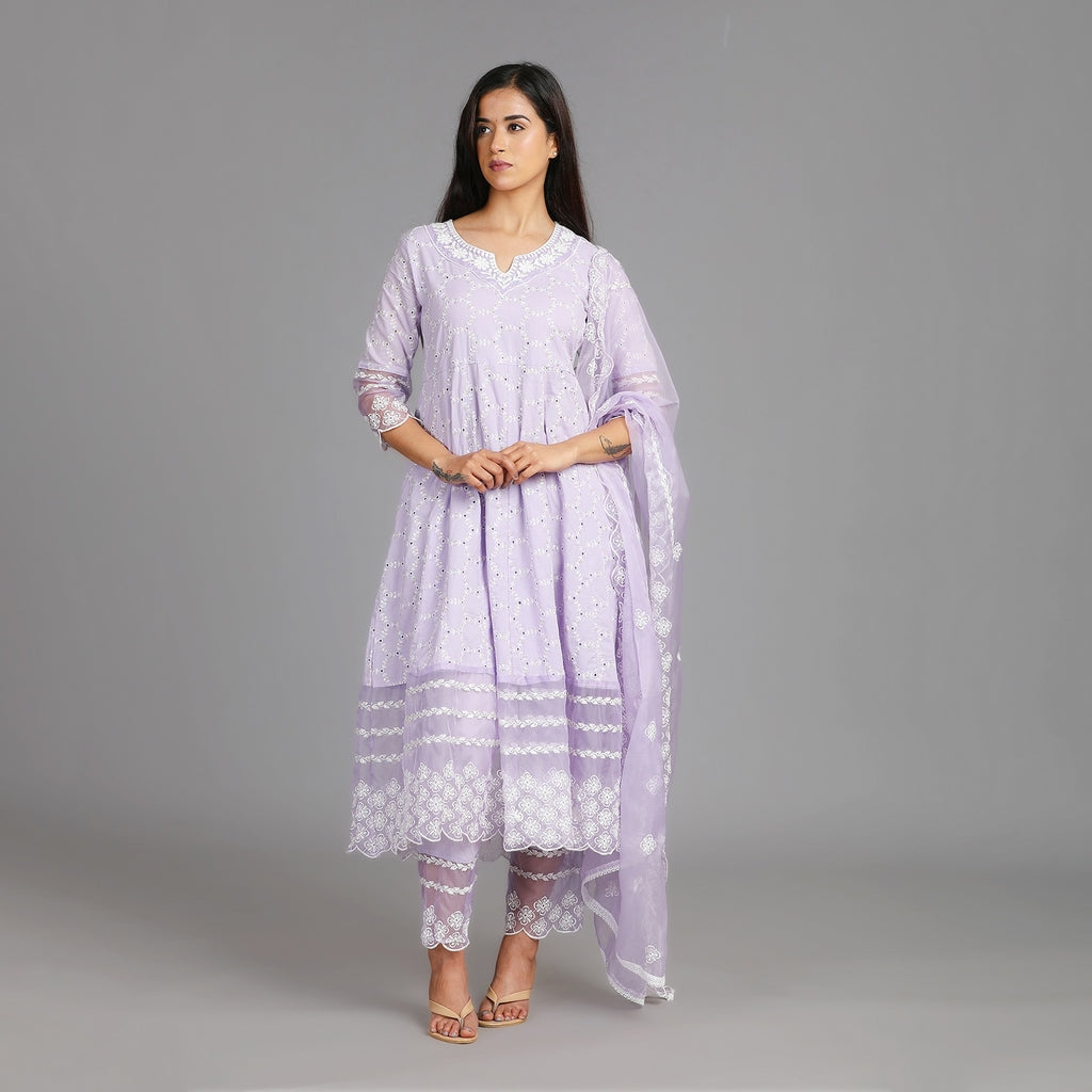 Dhaanya Lavender Premium Cotton Heavy All Over Embroidery Suit Set – 3pc - Aavarana by Karnika