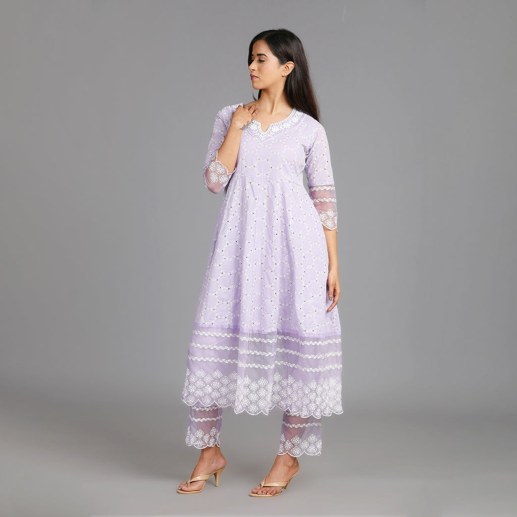 Dhaanya Lavender Premium Cotton Heavy All Over Embroidery Suit Set – 3pc - Aavarana by Karnika