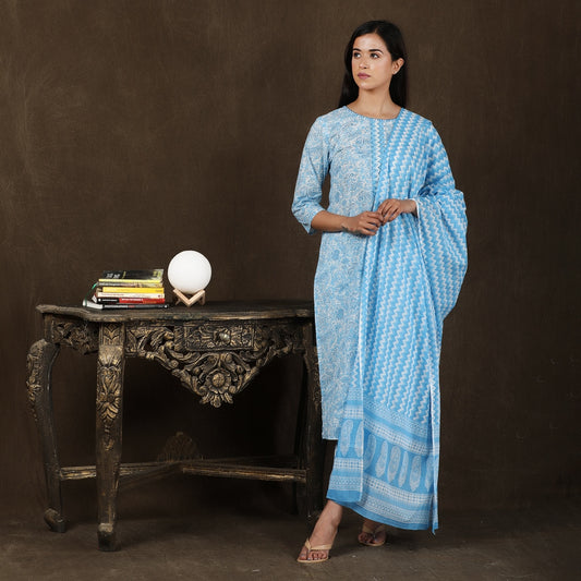 Light Blue & White Cotton Straight Suit Set– 3pc - Aavarana by Karnika