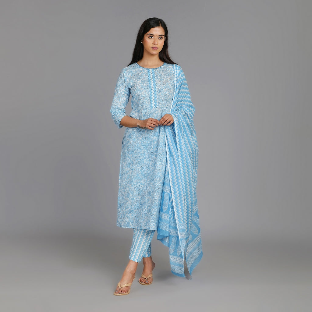 Light Blue & White Cotton Straight Suit Set– 3pc - Aavarana by Karnika