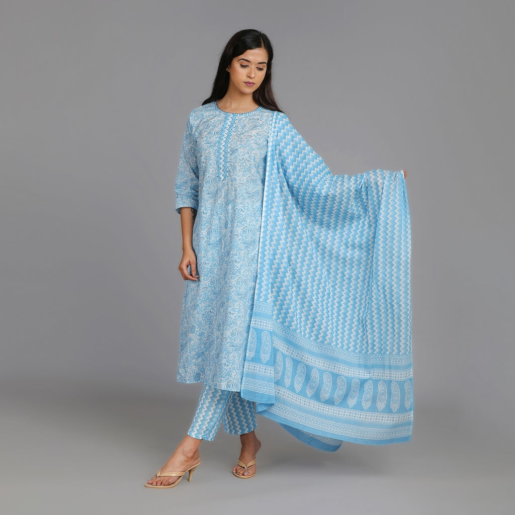 Light Blue & White Cotton Straight Suit Set– 3pc - Aavarana by Karnika