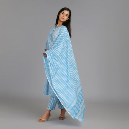 Light Blue & White Cotton Straight Suit Set– 3pc - Aavarana by Karnika