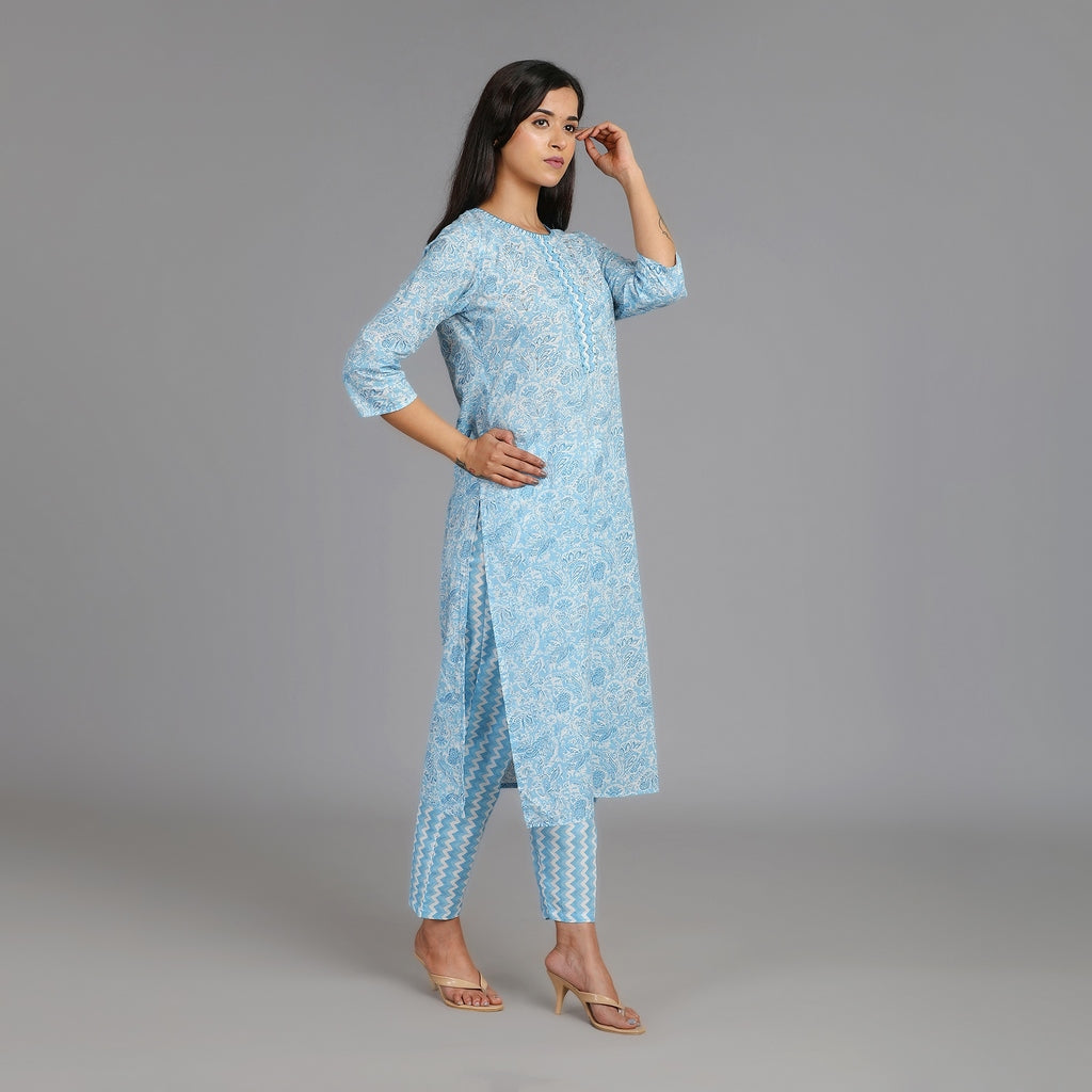 Light Blue & White Cotton Straight Suit Set– 3pc - Aavarana by Karnika