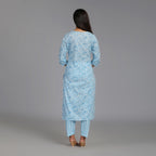 Light Blue & White Cotton Straight Suit Set– 3pc - Aavarana by Karnika