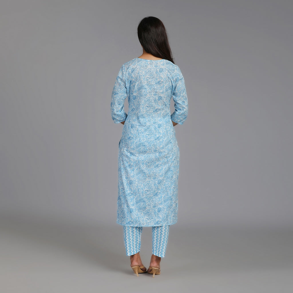 Light Blue & White Cotton Straight Suit Set– 3pc - Aavarana by Karnika