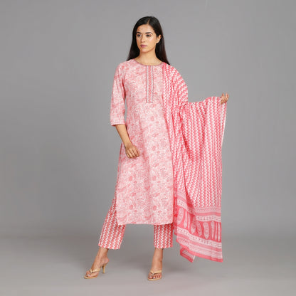 Peach & White Cotton Straight Suit Set– 3pc - Aavarana by Karnika