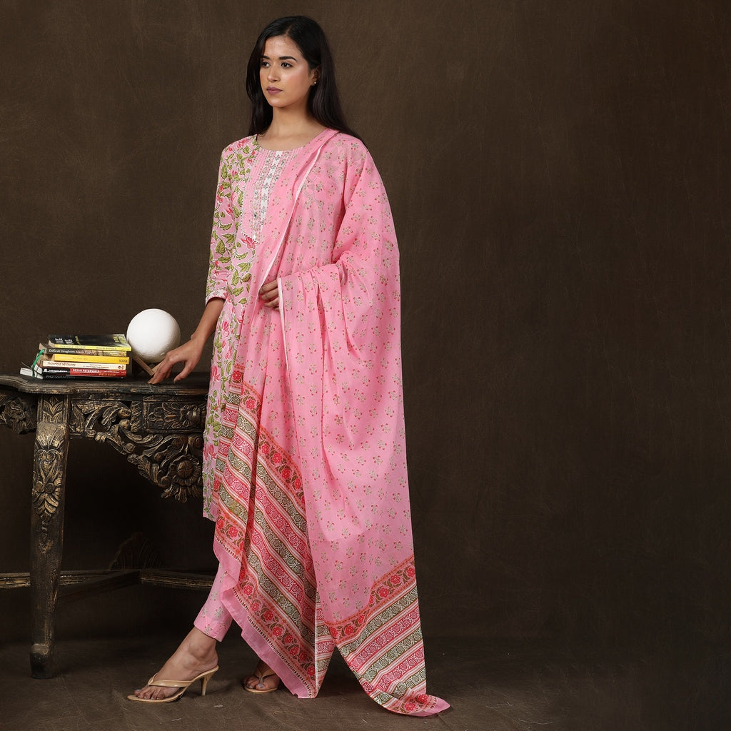 Light Pink Cotton Straight Suit Set with Gotapatti Work on Neckline – 3pc - Aavarana by Karnika