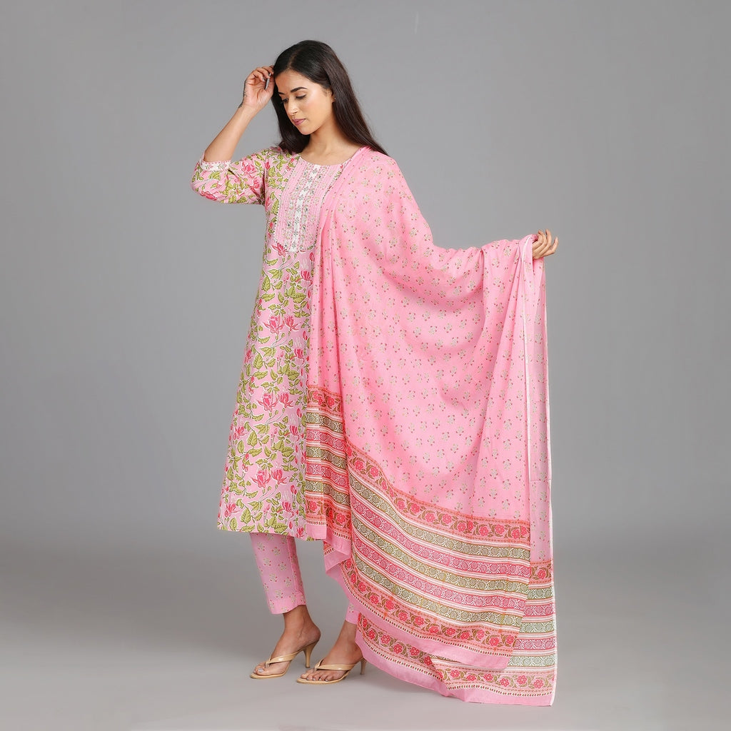 Light Pink Cotton Straight Suit Set with Gotapatti Work on Neckline – 3pc - Aavarana by Karnika