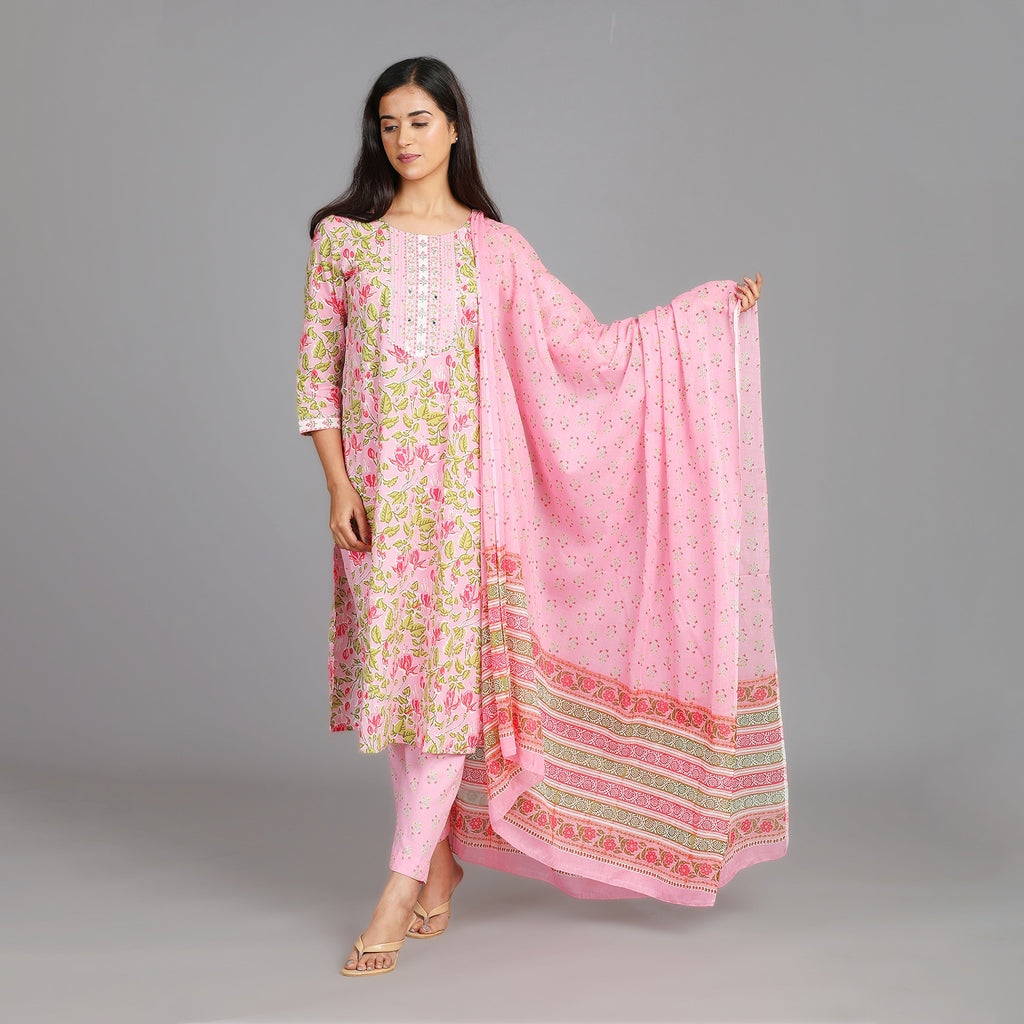 Light Pink Cotton Straight Suit Set with Gotapatti Work on Neckline – 3pc - Aavarana by Karnika