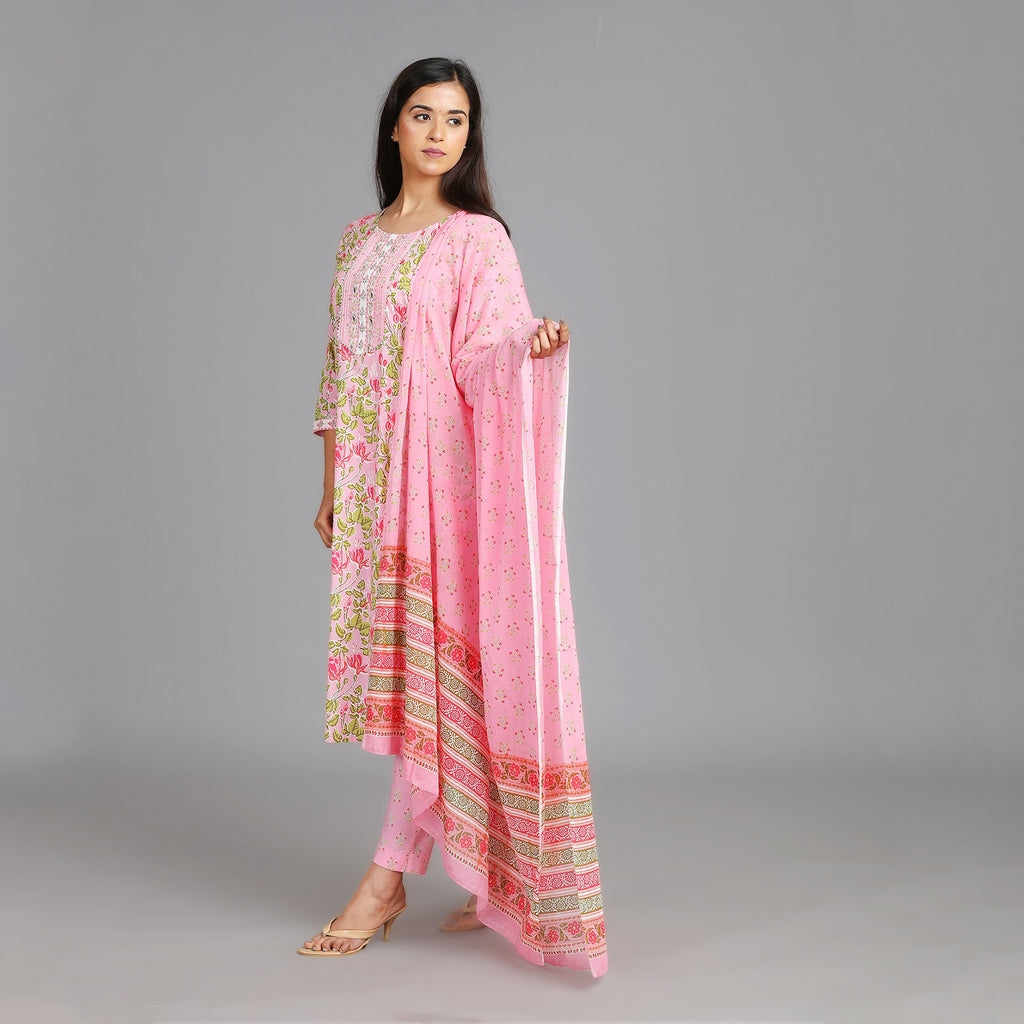 Light Pink Cotton Straight Suit Set with Gotapatti Work on Neckline – 3pc - Aavarana by Karnika