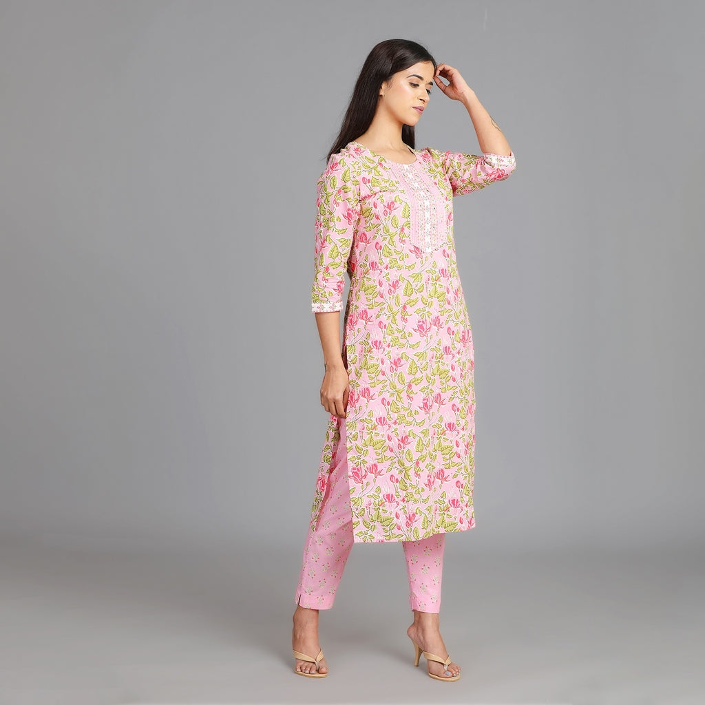 Light Pink Cotton Straight Suit Set with Gotapatti Work on Neckline – 3pc - Aavarana by Karnika