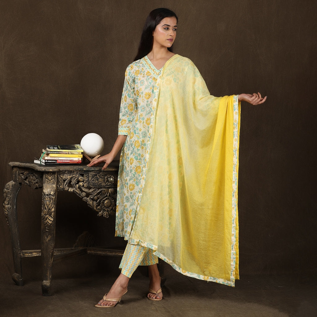 Off-White, Sea Green & Sunny Yellow Suit Set – 3pc - Aavarana by Karnika