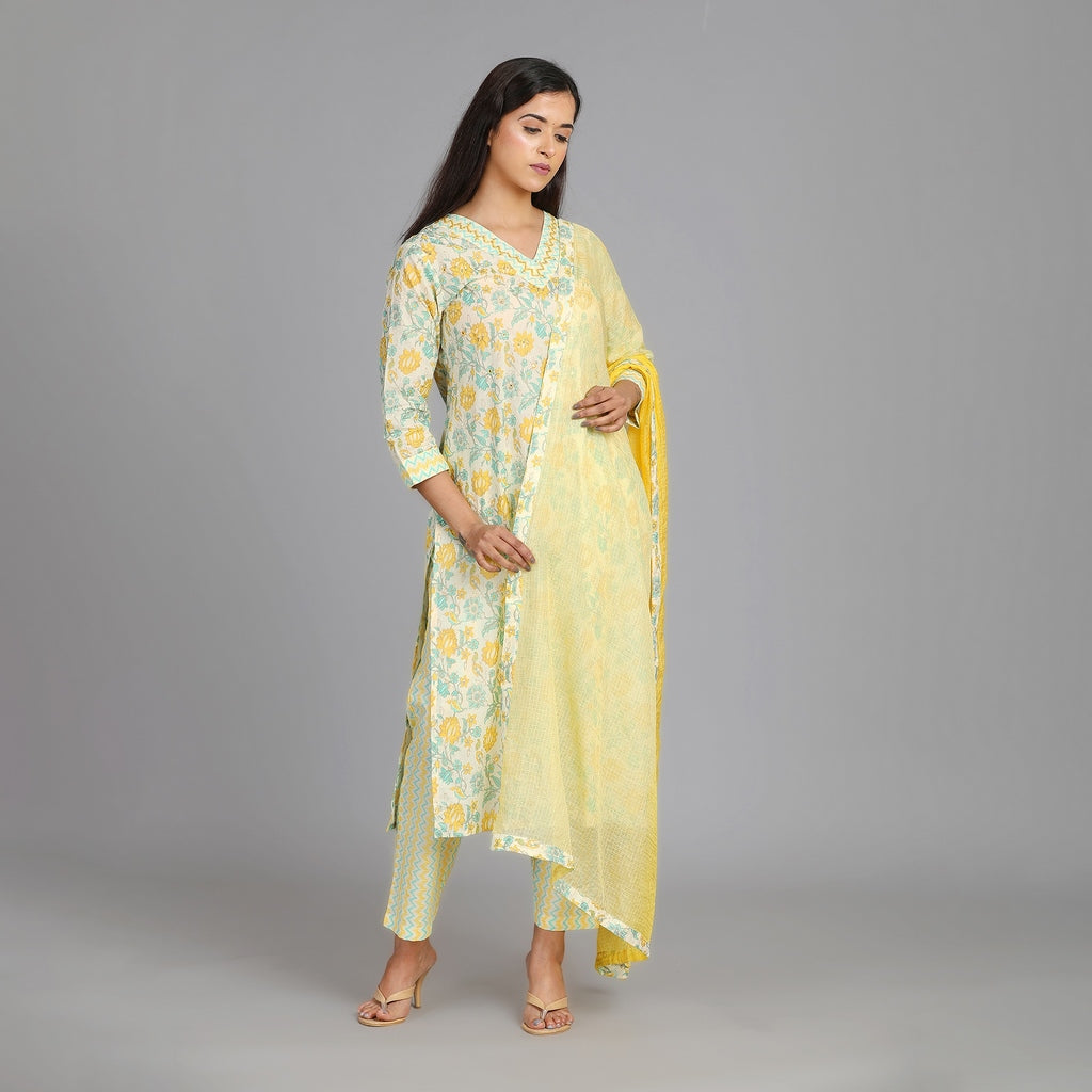 Off-White, Sea Green & Sunny Yellow Suit Set – 3pc - Aavarana by Karnika