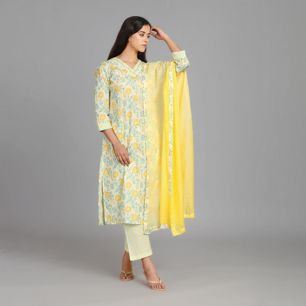 Off-White, Sea Green & Sunny Yellow Suit Set – 3pc - Aavarana by Karnika