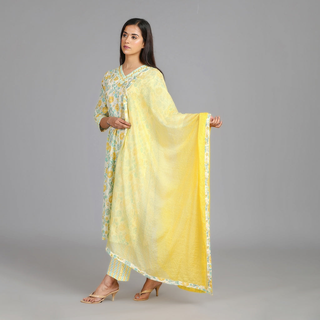 Off-White, Sea Green & Sunny Yellow Suit Set – 3pc - Aavarana by Karnika