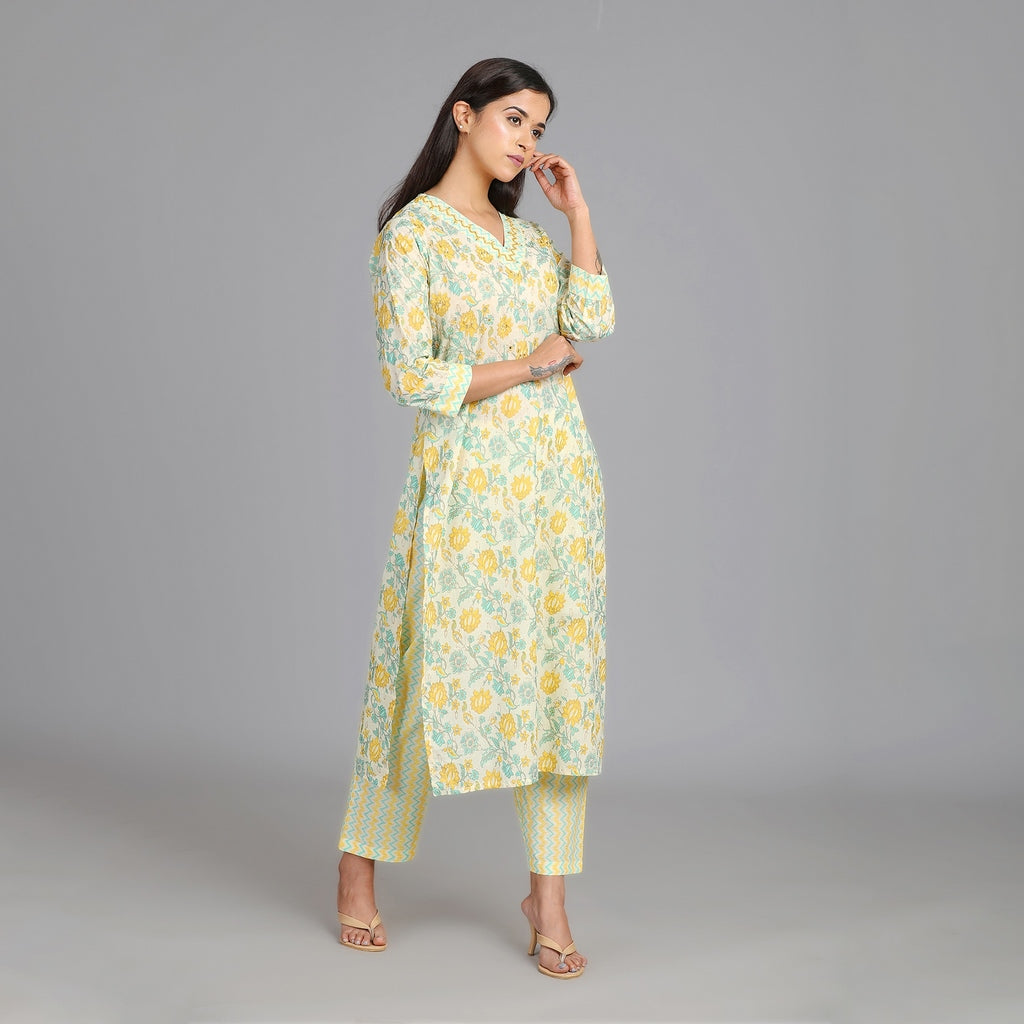 Off-White, Sea Green & Sunny Yellow Suit Set – 3pc - Aavarana by Karnika