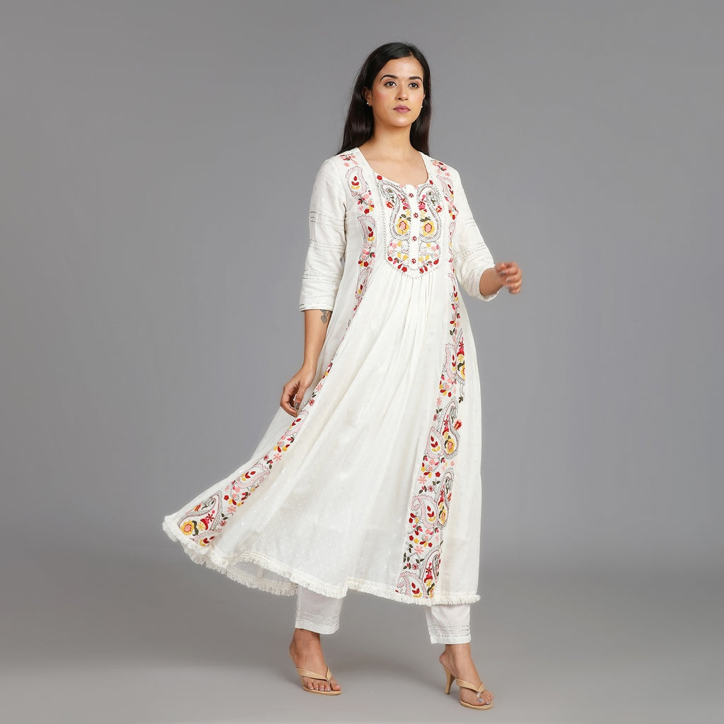 White Cotton Anarkali Gotapatti Heavy Work Suit Set – 3pc - Aavarana by Karnika