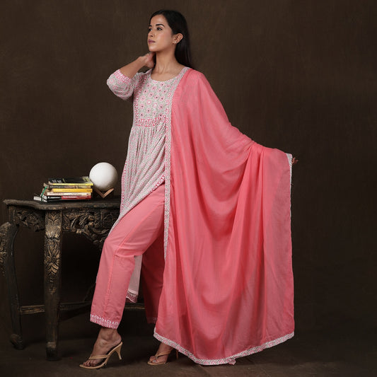 Bhumija Light Pink and White Naira Suit Set– 3pc - Aavarana by Karnika