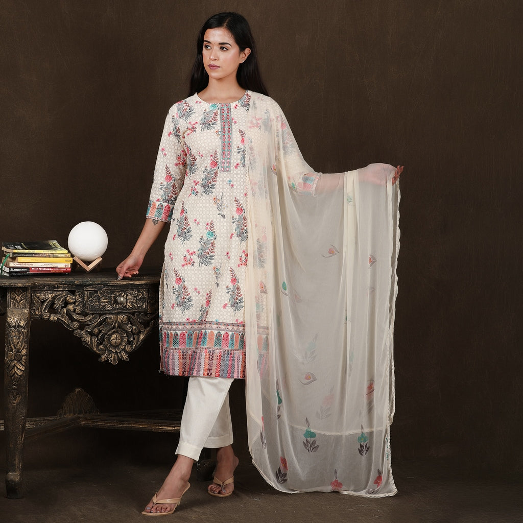 Off White & Pink Square Schiffli Cotton Suit Set with Chiffon Dupatta– 3pc - Aavarana by Karnika