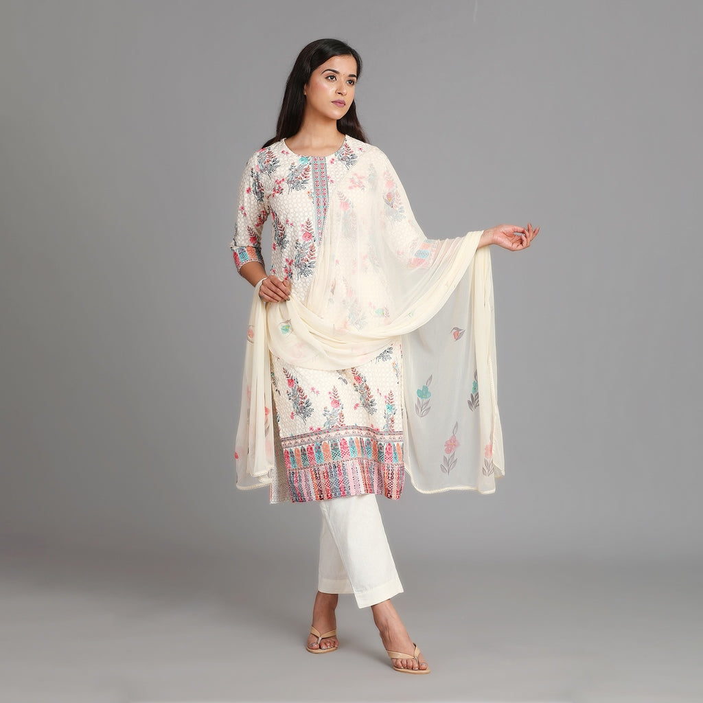 Off White & Pink Square Schiffli Cotton Suit Set with Chiffon Dupatta– 3pc - Aavarana by Karnika