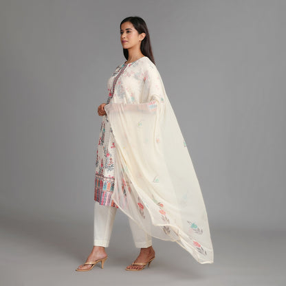 Off White & Pink Square Schiffli Cotton Suit Set with Chiffon Dupatta– 3pc - Aavarana by Karnika