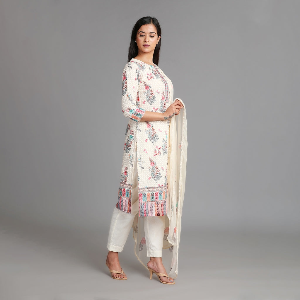 Off White & Pink Square Schiffli Cotton Suit Set with Chiffon Dupatta– 3pc - Aavarana by Karnika