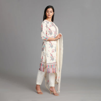 Off White & Pink Square Schiffli Cotton Suit Set with Chiffon Dupatta– 3pc - Aavarana by Karnika